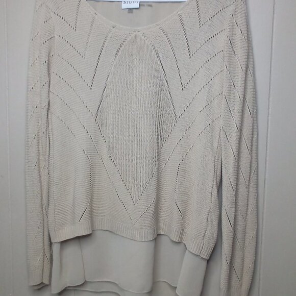 Sioni Blouse Sweater M Long Sleeve Open Knit Back Lace Up Lined Tan - Picture 11 of 13